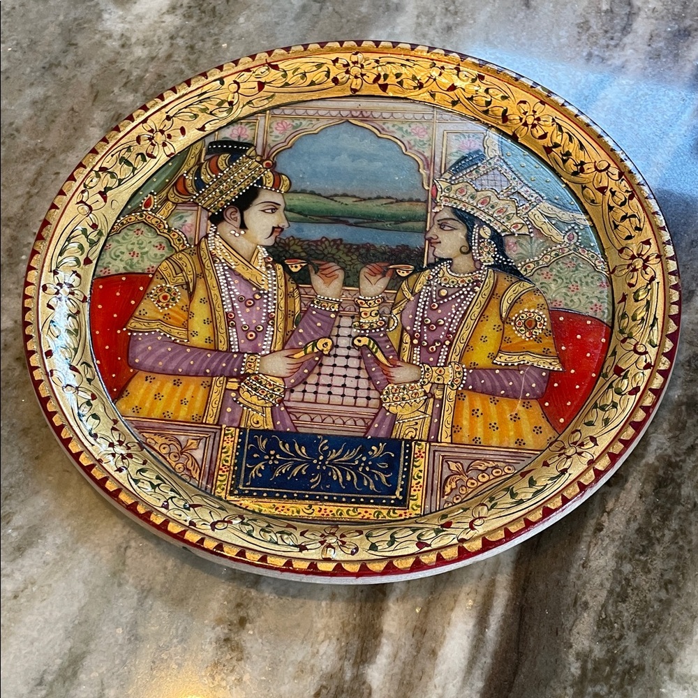 Hand-Painted Makrana Marble Decorative Plate with Royal Scene 8.5 inch